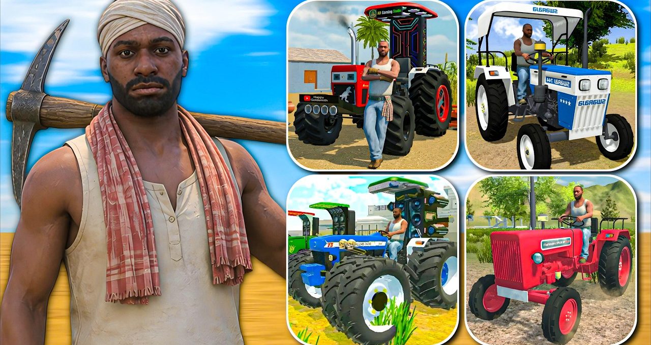 Farmer holding pickaxe with four colorful tractors and rural farm scenes in collage