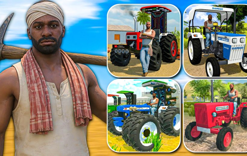 Farmer holding pickaxe with four colorful tractors and rural farm scenes in collage