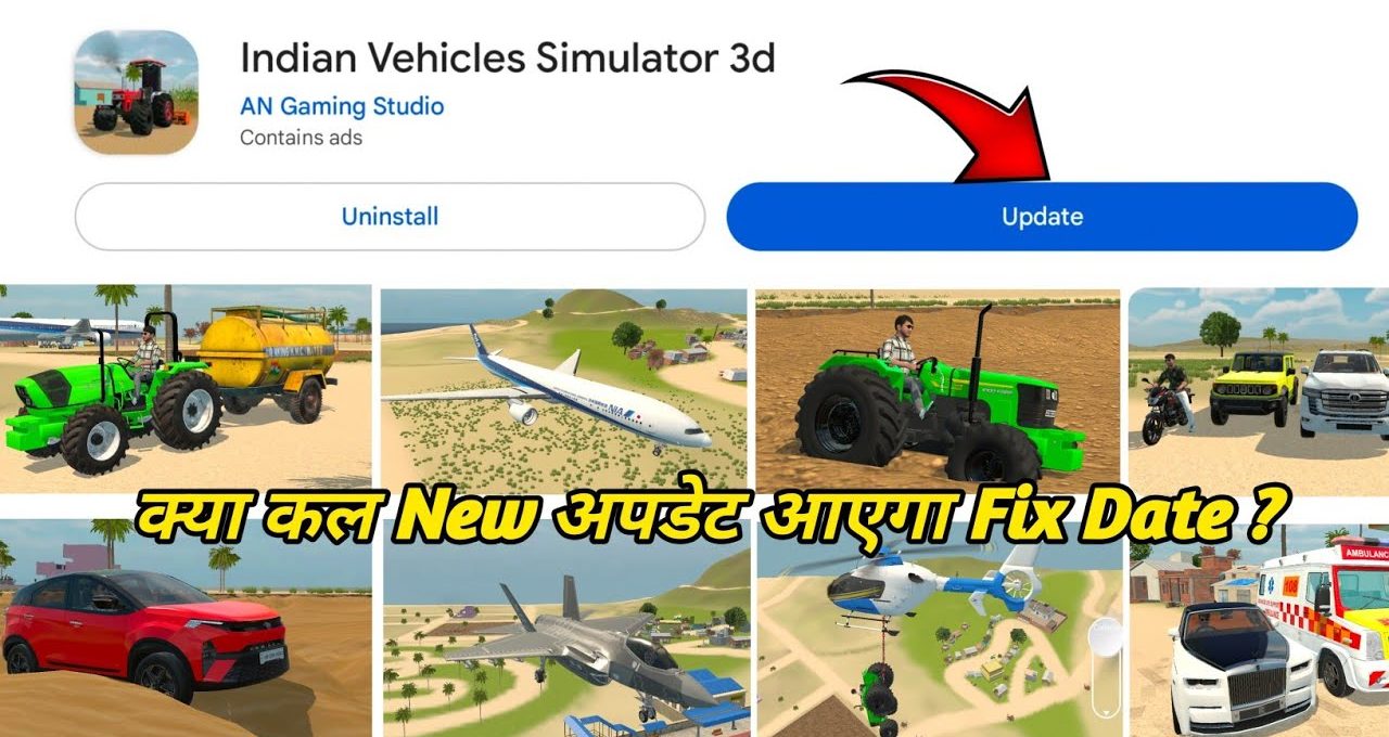 Mobile game update screen showing Indian Vehicles Simulator 3D with vehicle screenshots and update button