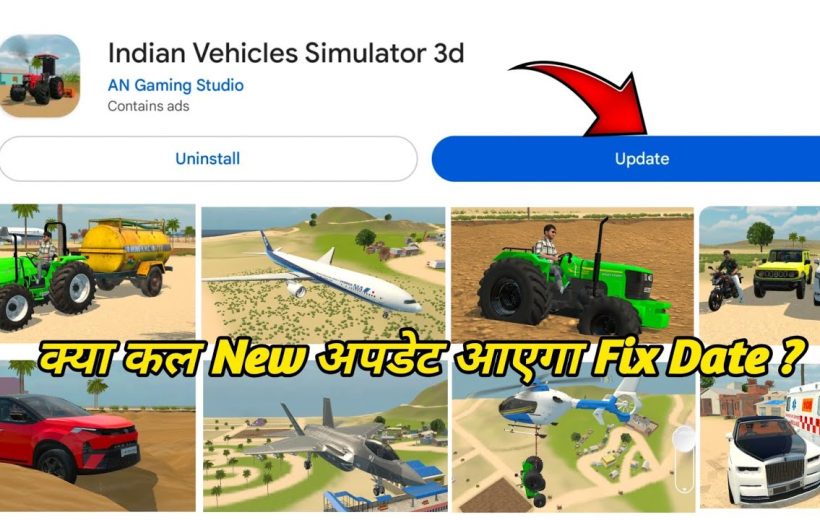 Mobile game update screen showing Indian Vehicles Simulator 3D with vehicle screenshots and update button