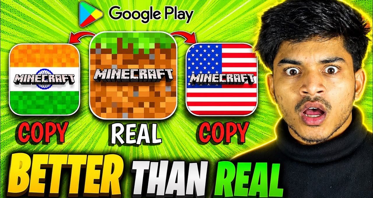 Shocked young man beside graphics comparing real Minecraft icon and two flag-themed copies
