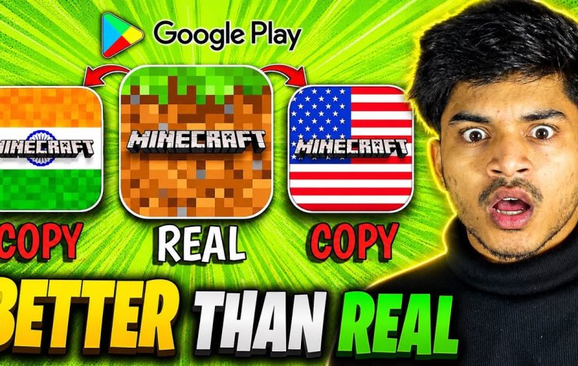Shocked young man beside graphics comparing real Minecraft icon and two flag-themed copies