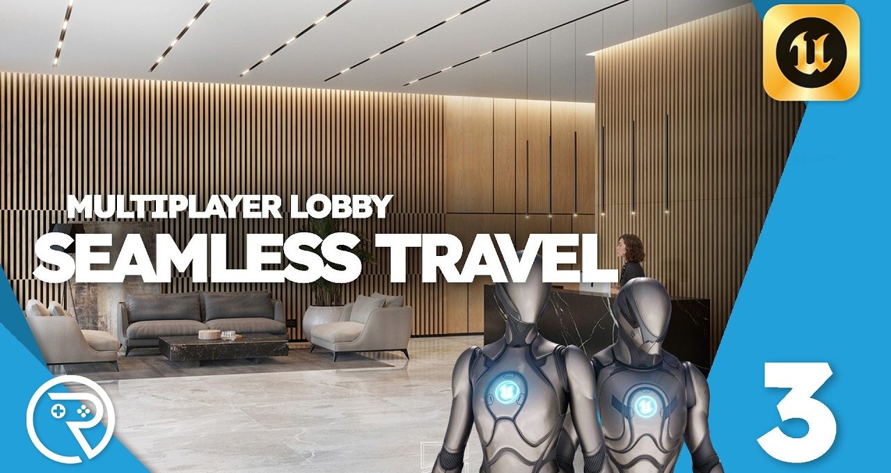 Modern hotel lobby with sofas and two futuristic humanoid robots in foreground