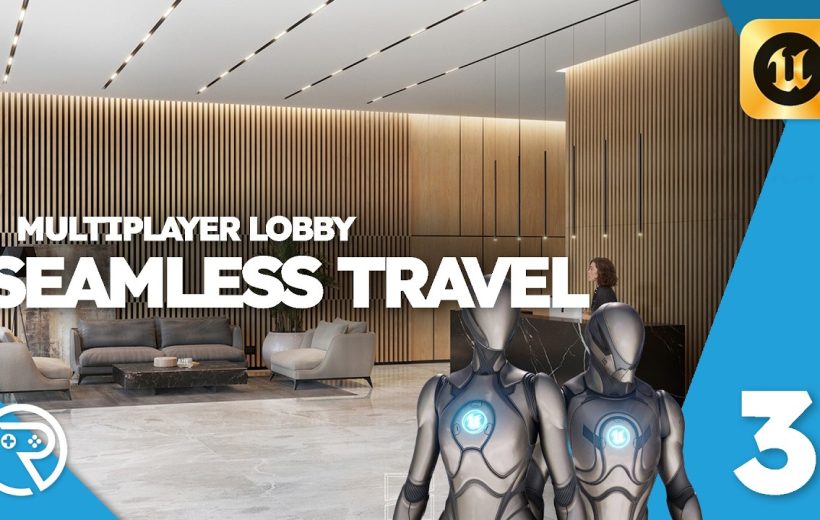 Modern hotel lobby with sofas and two futuristic humanoid robots in foreground