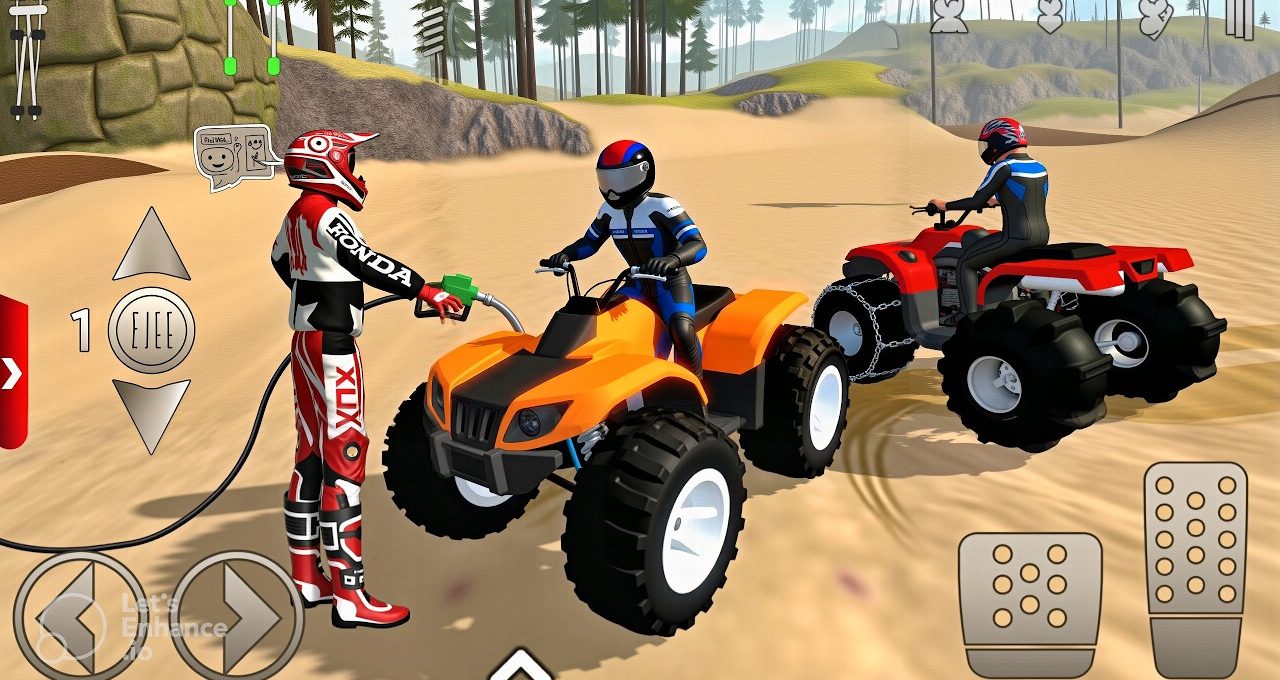 Three riders refueling and preparing ATVs on a sandy forest trail.