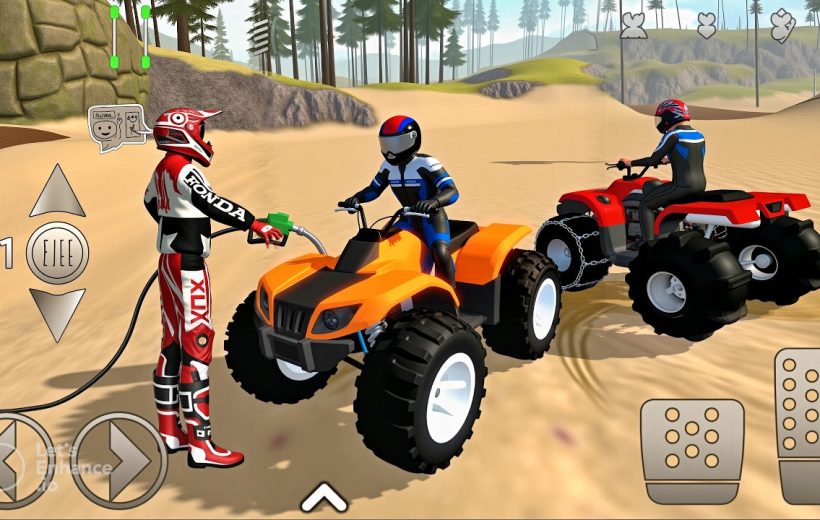 Three riders refueling and preparing ATVs on a sandy forest trail.