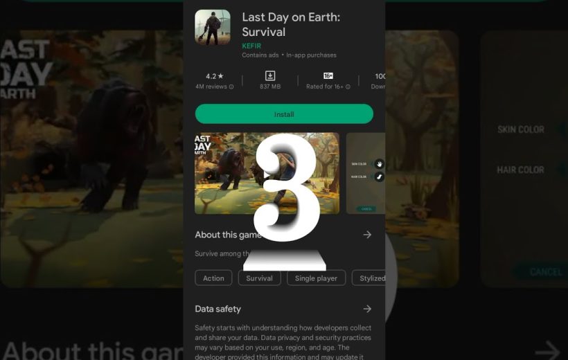 Smartphone screenshot of the Last Day on Earth: Survival game listing with large number three