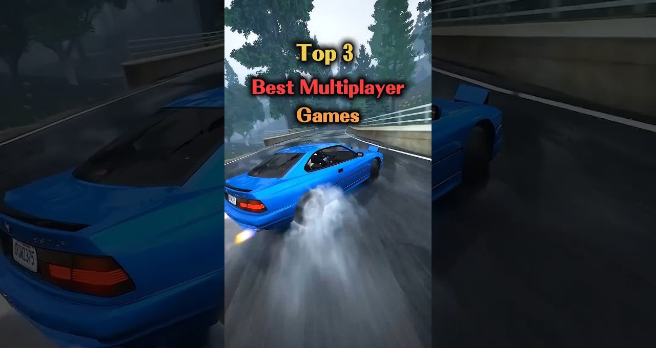 Blue sports car drifting on a rainy mountain road with "Top 3 Best Multiplayer Games" text