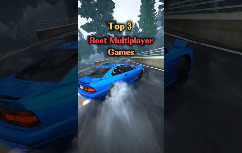 Blue sports car drifting on a rainy mountain road with "Top 3 Best Multiplayer Games" text