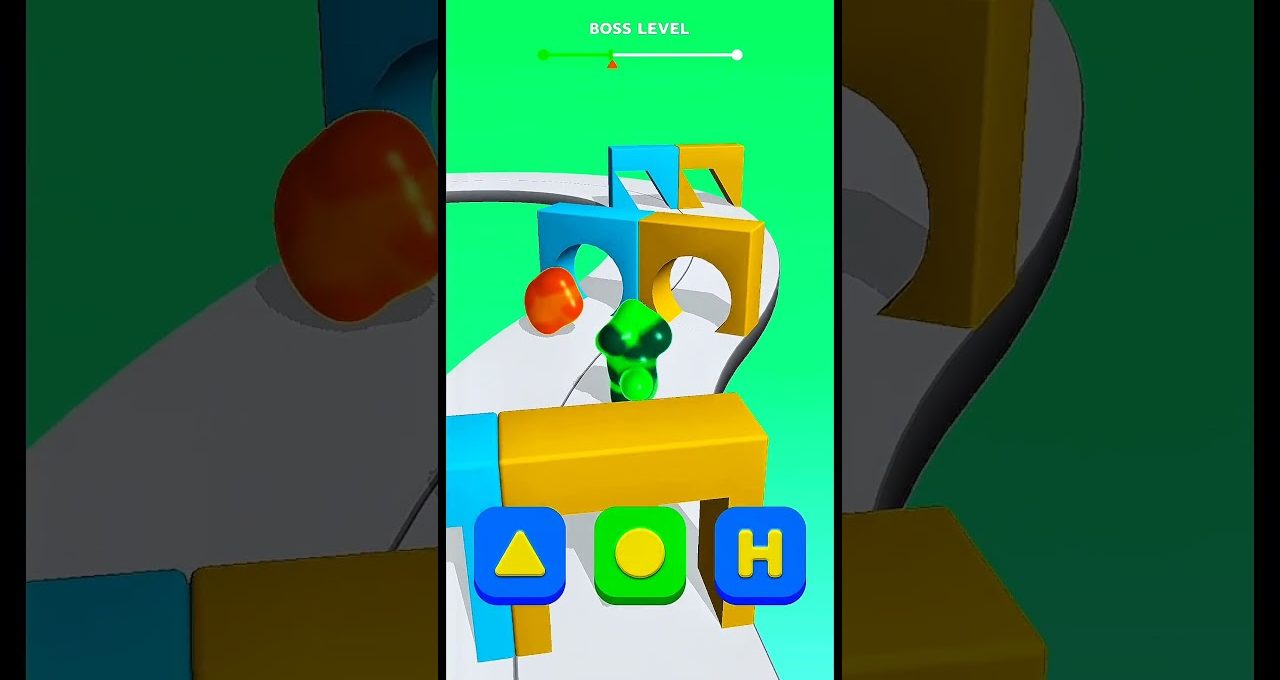 Colorful mobile game scene showing a green character navigating a winding obstacle course.