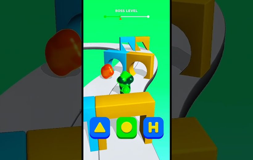 Colorful mobile game scene showing a green character navigating a winding obstacle course.