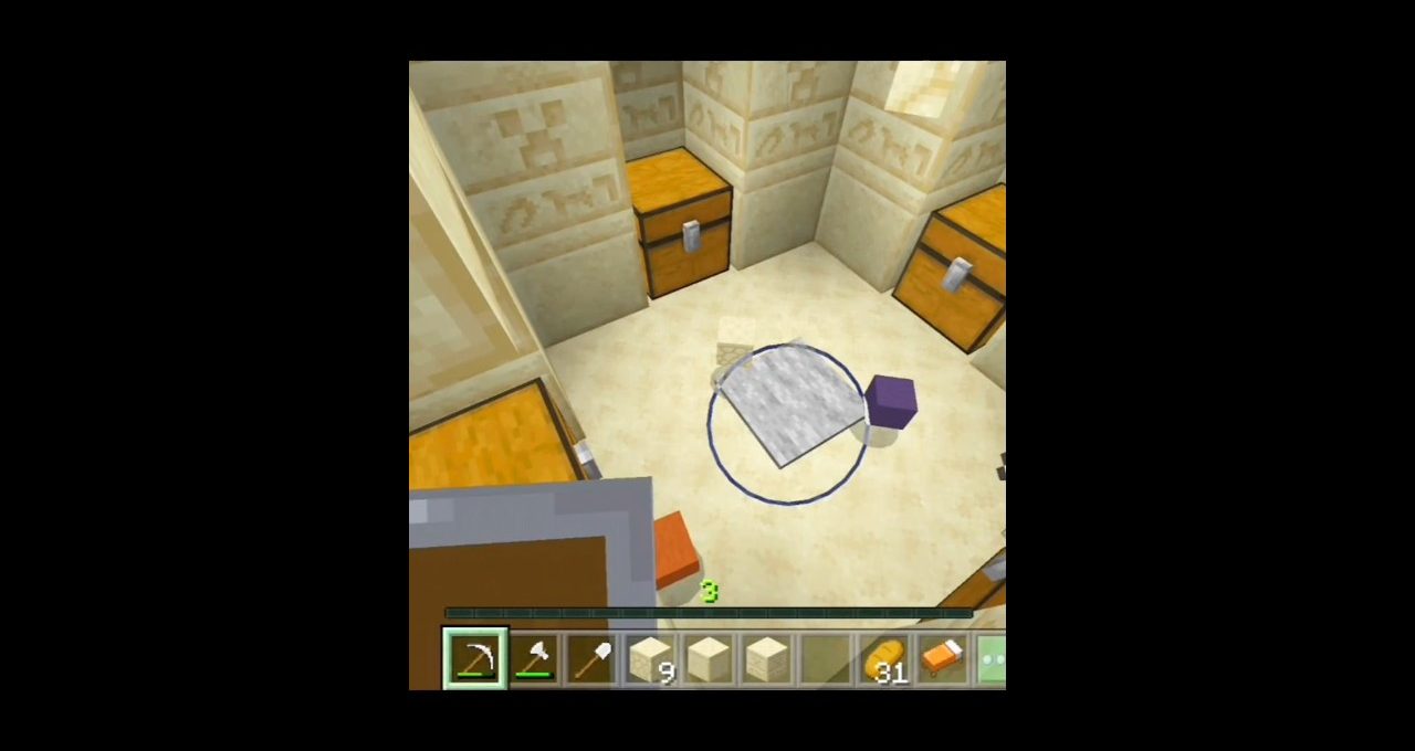 First-person Minecraft view inside sandstone room with chests, map, and hotbar items visible