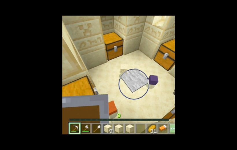 First-person Minecraft view inside sandstone room with chests, map, and hotbar items visible