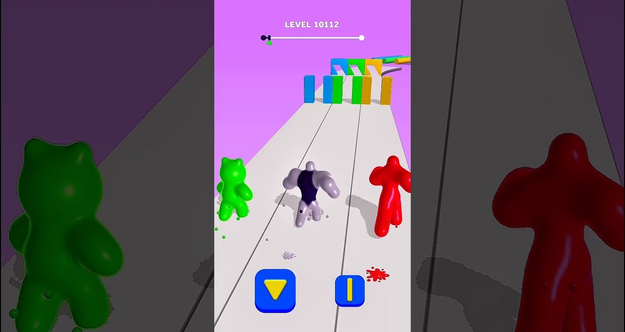Three colorful gummy characters racing along lanes toward falling colored blocks in a mobile game