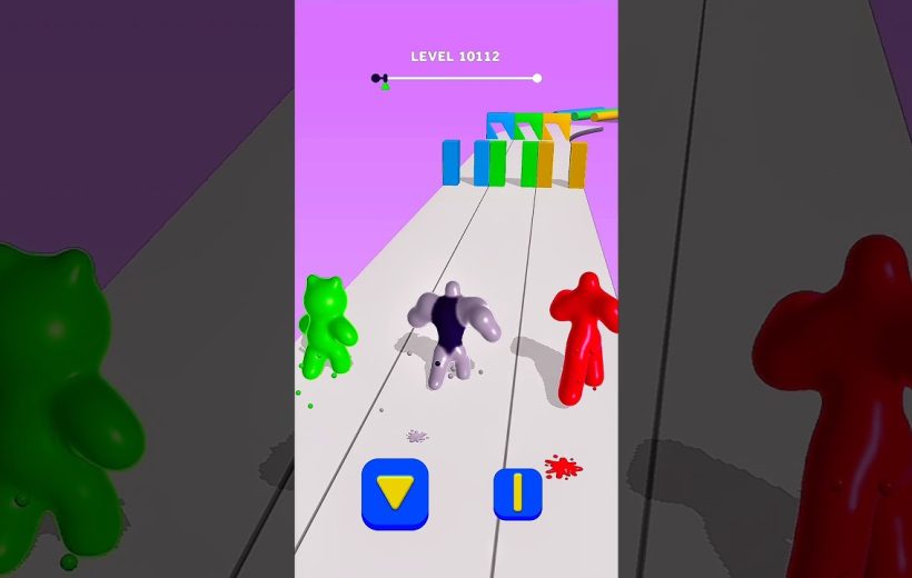 Three colorful gummy characters racing along lanes toward falling colored blocks in a mobile game