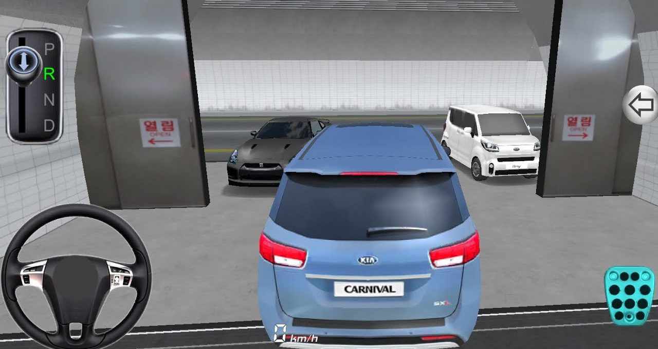 Blue Kia Carnival minivan parked inside a garage with two cars visible ahead