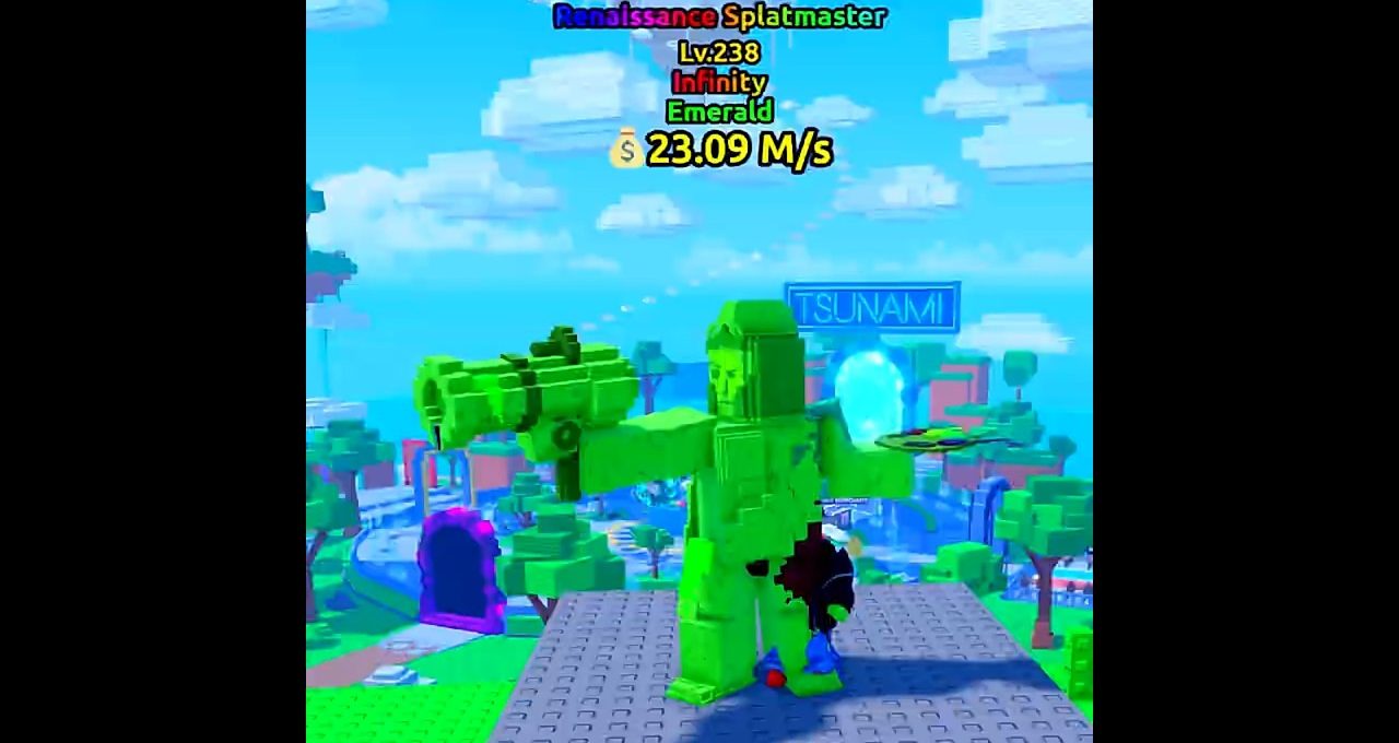Bright green blocky statue holding a gun in a colorful Roblox game world