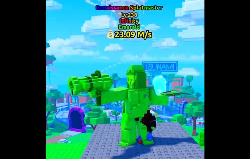 Bright green blocky statue holding a gun in a colorful Roblox game world