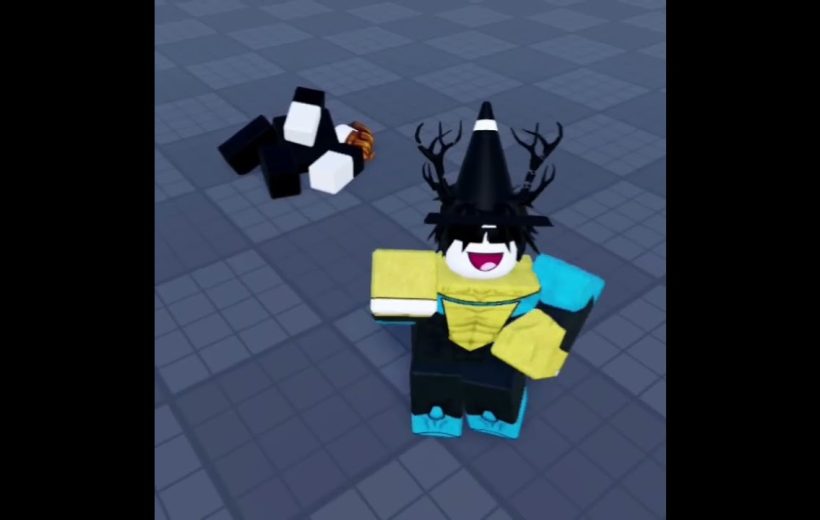 Blocky game avatar wearing a tall cone hat and antlers, smiling on tiled floor