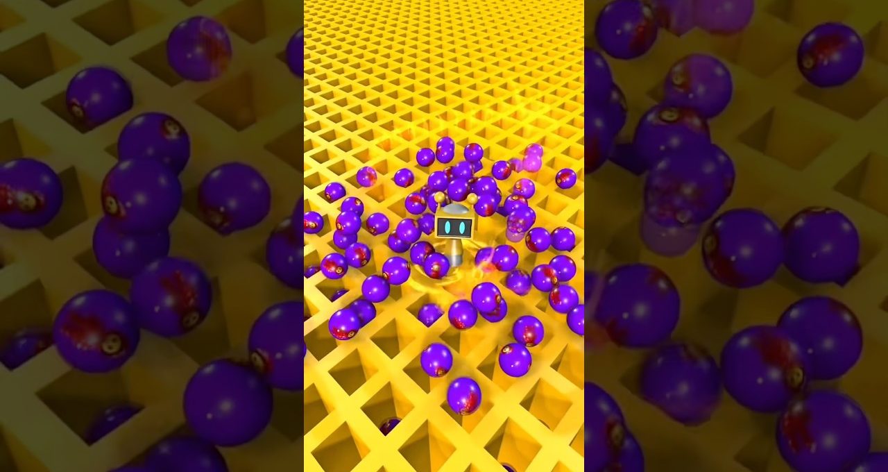 Small robot surrounded by bouncing purple balls on a yellow grid surface