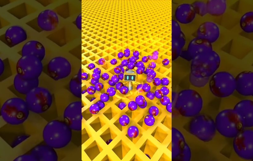 Small robot surrounded by bouncing purple balls on a yellow grid surface