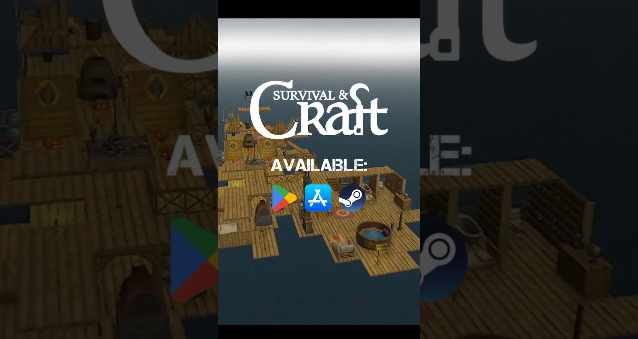 Survival & Craft logo over a wooden raft game scene with store icons