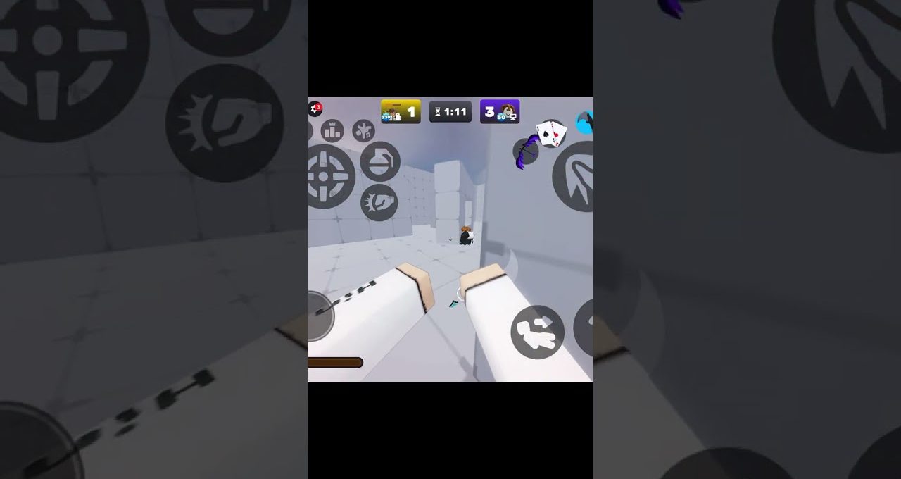 First-person view of a mobile shooter game arena with on-screen controls visible