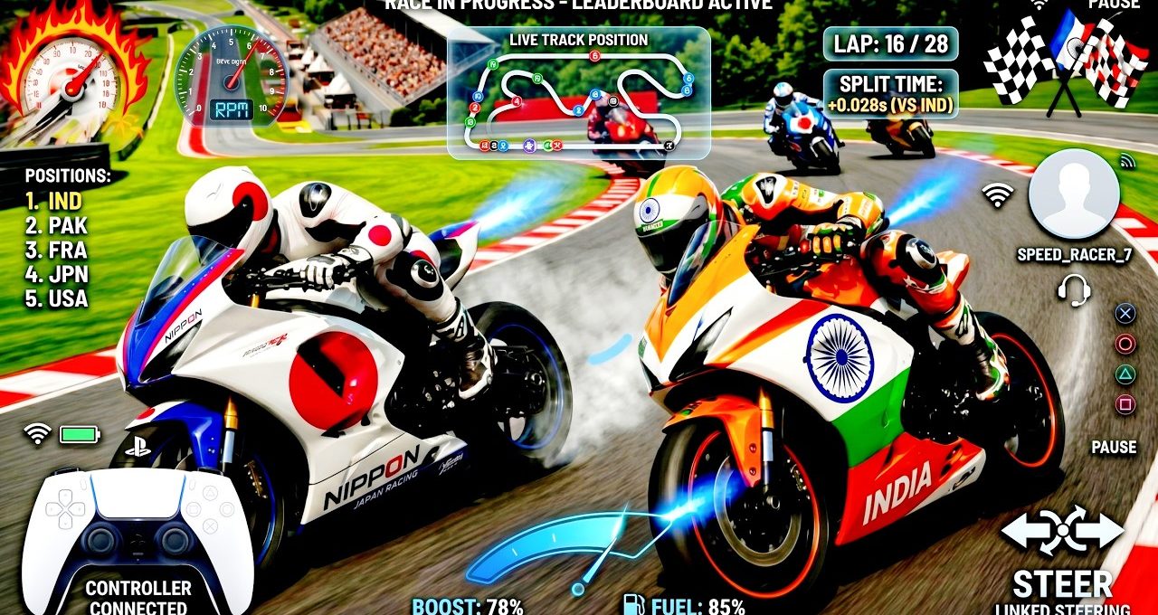 Two sportbikes racing on a track with India and Nippon liveries, HUD overlay