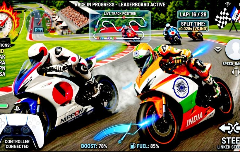 Two sportbikes racing on a track with India and Nippon liveries, HUD overlay
