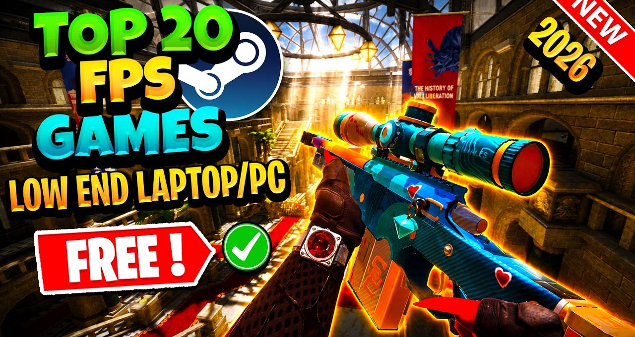 Bright first-person view of a colorful sniper rifle inside a grand cathedral arena