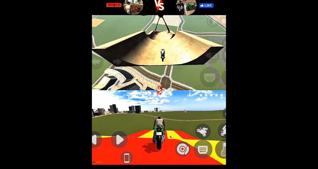 Split-screen gameplay showing two motorcycle riders performing stunts on ramps in a cityscape
