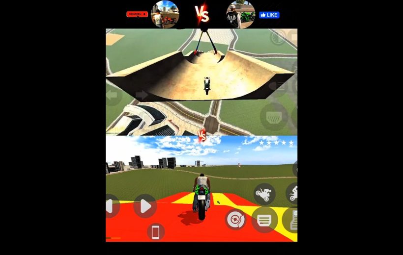 Split-screen gameplay showing two motorcycle riders performing stunts on ramps in a cityscape