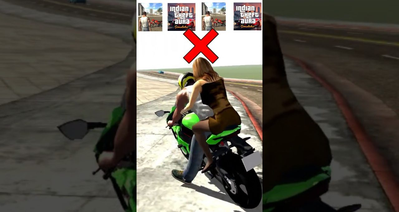 Woman riding as passenger on green sport motorcycle with red X warning above them