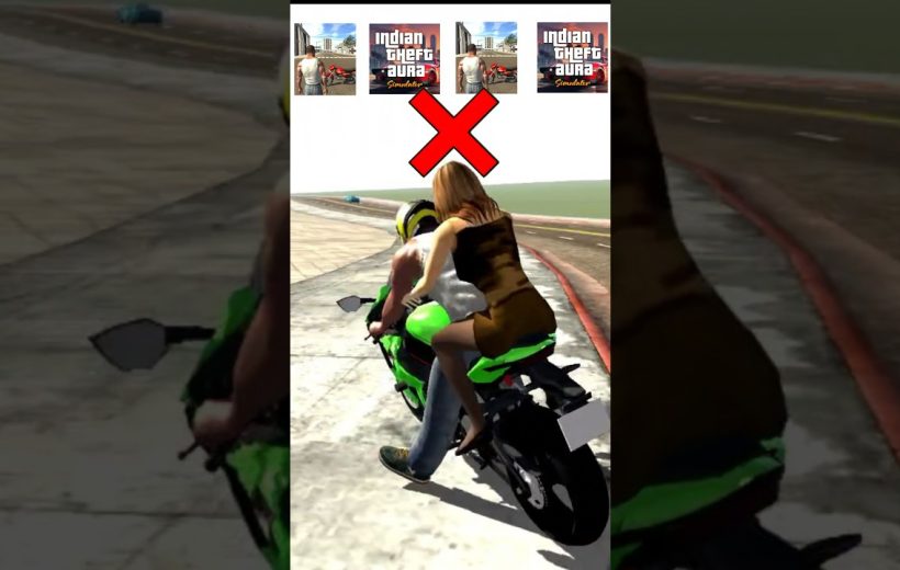 Woman riding as passenger on green sport motorcycle with red X warning above them