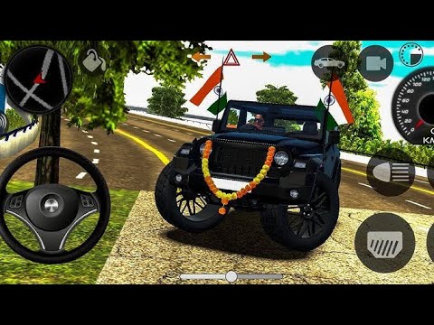 Black SUV decorated with garland parked on roadside in a driving game scene