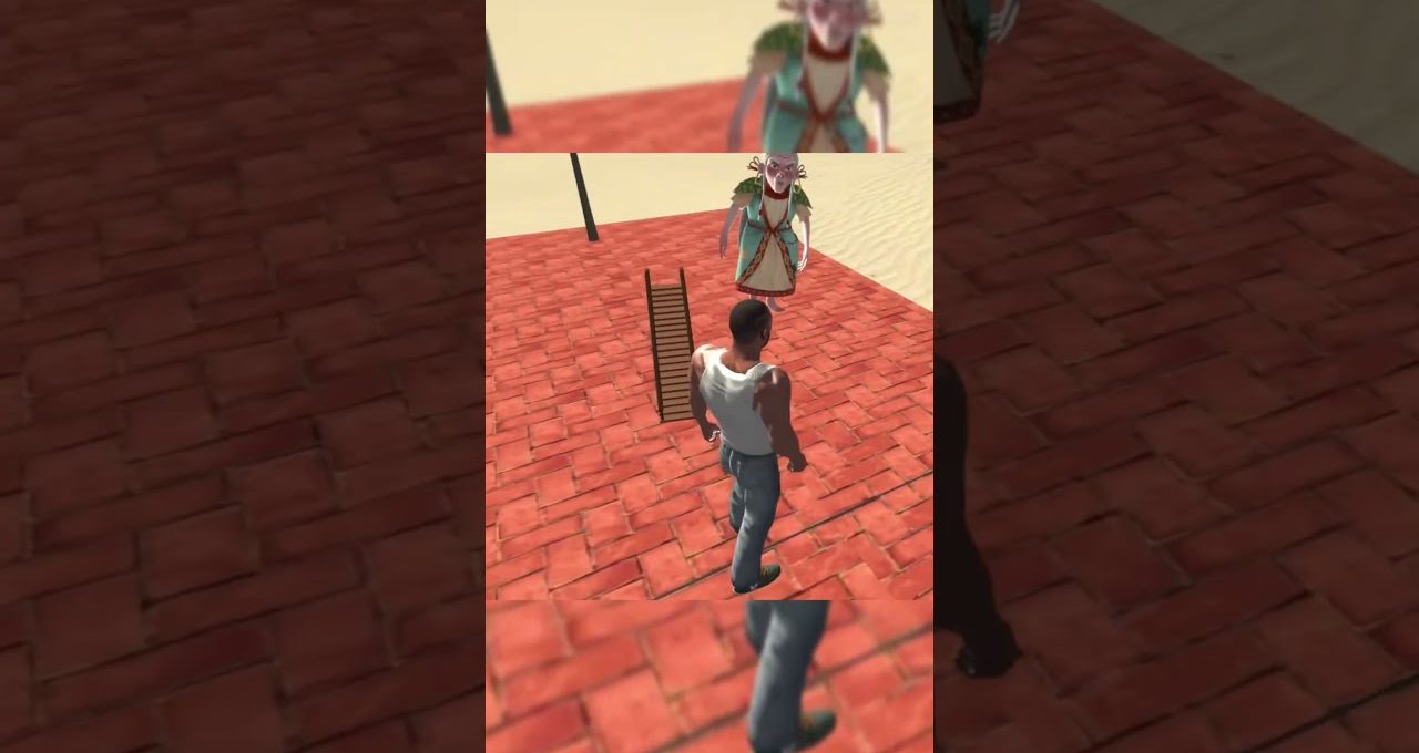 Man in tank top facing a whimsical costumed character on red brick courtyard
