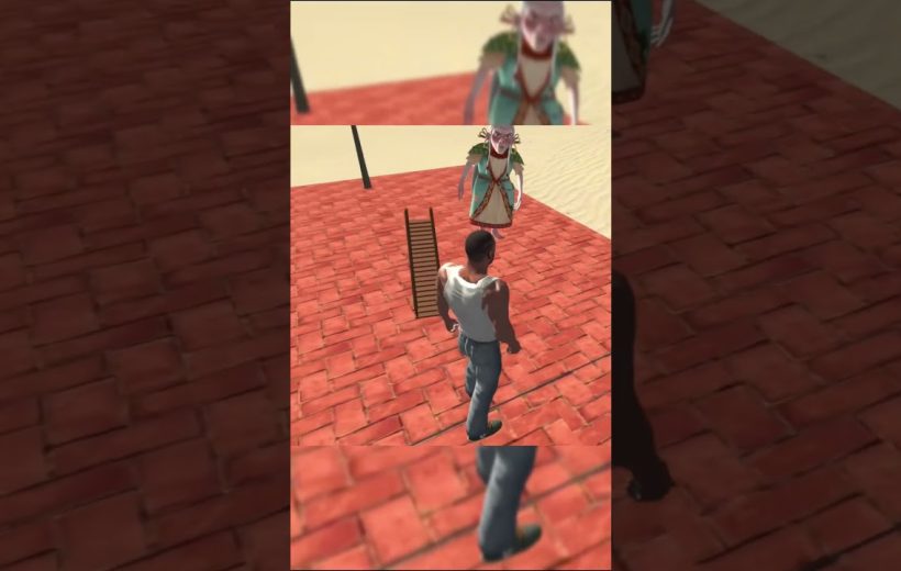 Man in tank top facing a whimsical costumed character on red brick courtyard