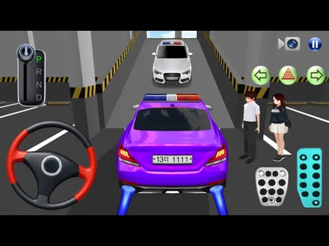 Purple police car in parking garage with pedestrians and driving controls visible