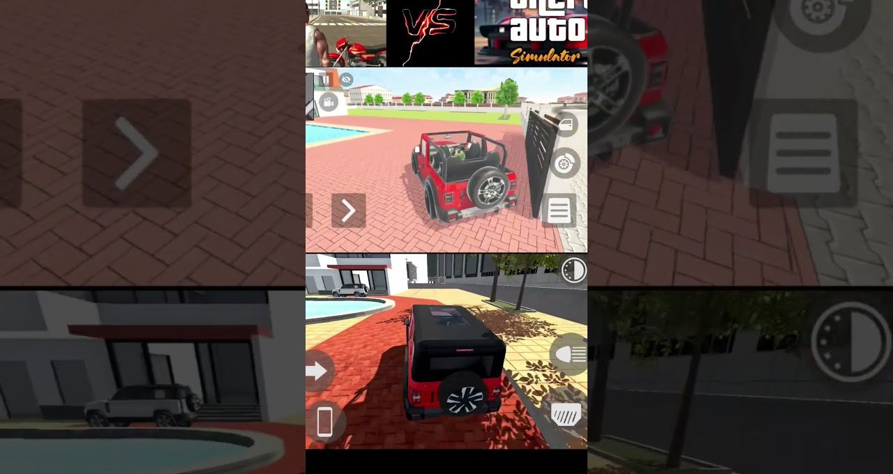 Red off-road jeep parked near a poolside driveway in a driving simulator game