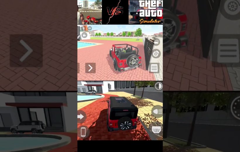 Red off-road jeep parked near a poolside driveway in a driving simulator game