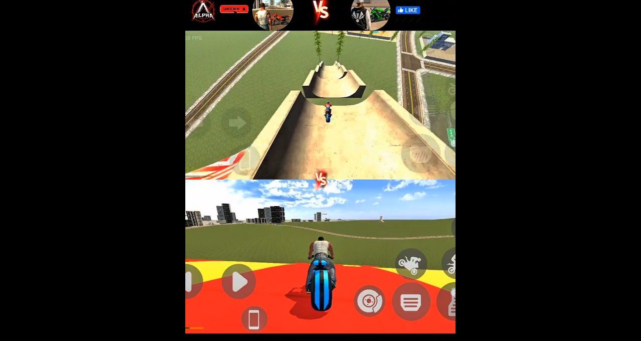 Split-screen motorcycle stunt game showing two riders approaching ramps in an open city field
