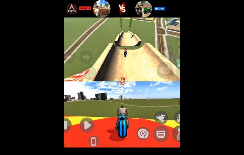 Split-screen motorcycle stunt game showing two riders approaching ramps in an open city field