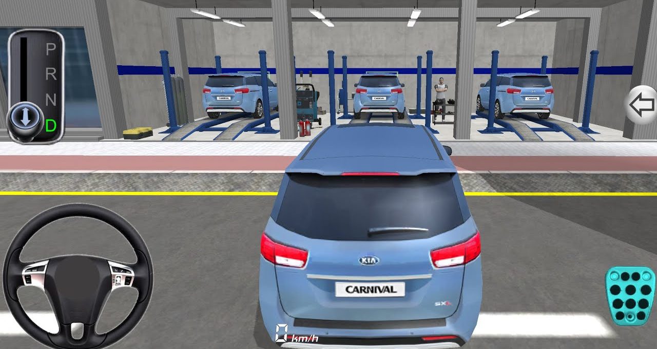 Blue SUV parked outside a multi-bay auto service garage with lifts and tools visible