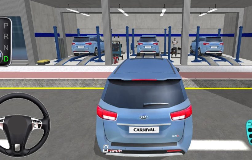 Blue SUV parked outside a multi-bay auto service garage with lifts and tools visible