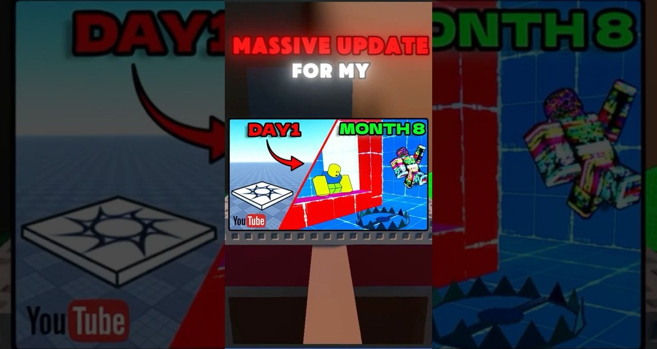 Bright thumbnail showing a Roblox character comparing Day 1 to Month 8 progress