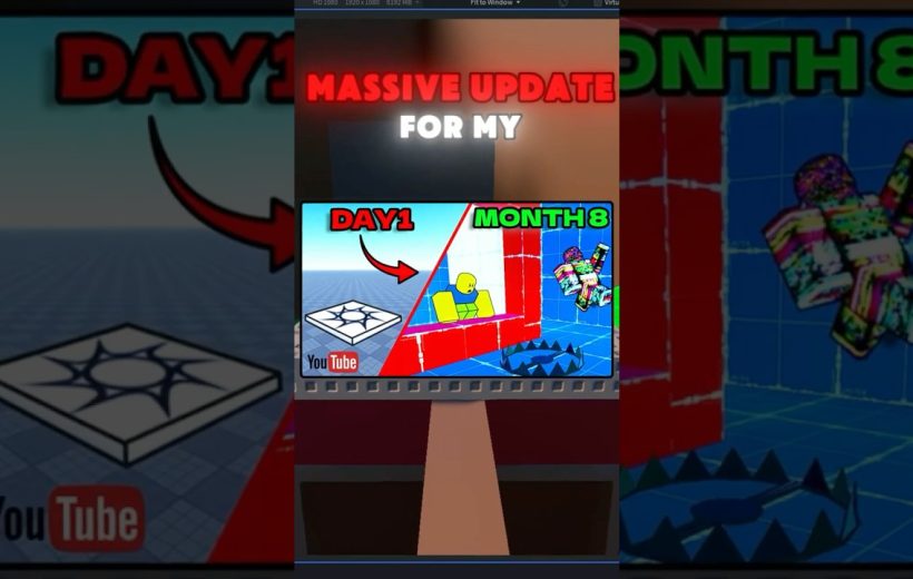 Bright thumbnail showing a Roblox character comparing Day 1 to Month 8 progress