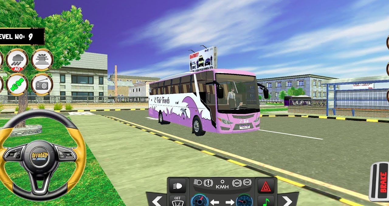 City driving simulator view showing a pink coach bus parked near buildings and park