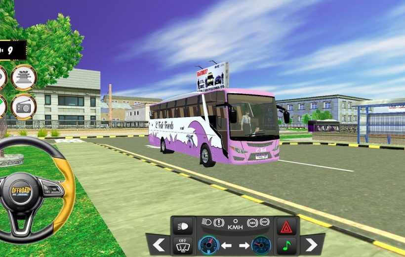 City driving simulator view showing a pink coach bus parked near buildings and park