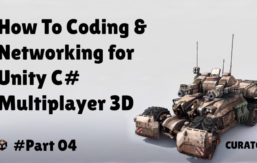 Futuristic armored tank vehicle illustration beside text about Unity C# multiplayer networking tutorial