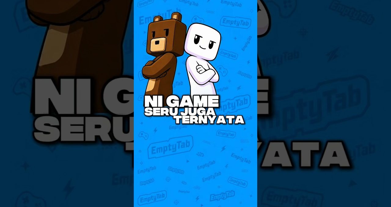Two cartoon characters back-to-back above bold Indonesian text on a blue patterned background